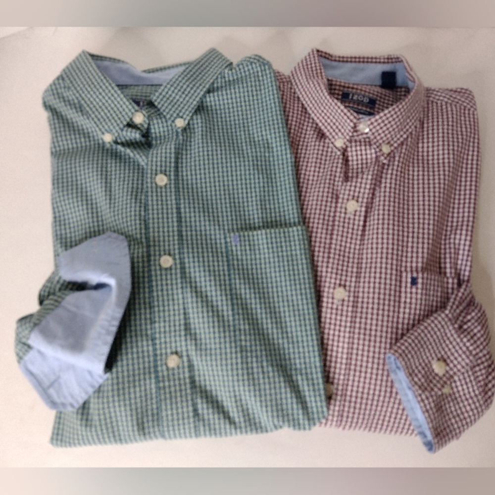 Izod Men's XL Check Chambray Lined Casual Dress Shirt Pair Wrinkle Free Stretch